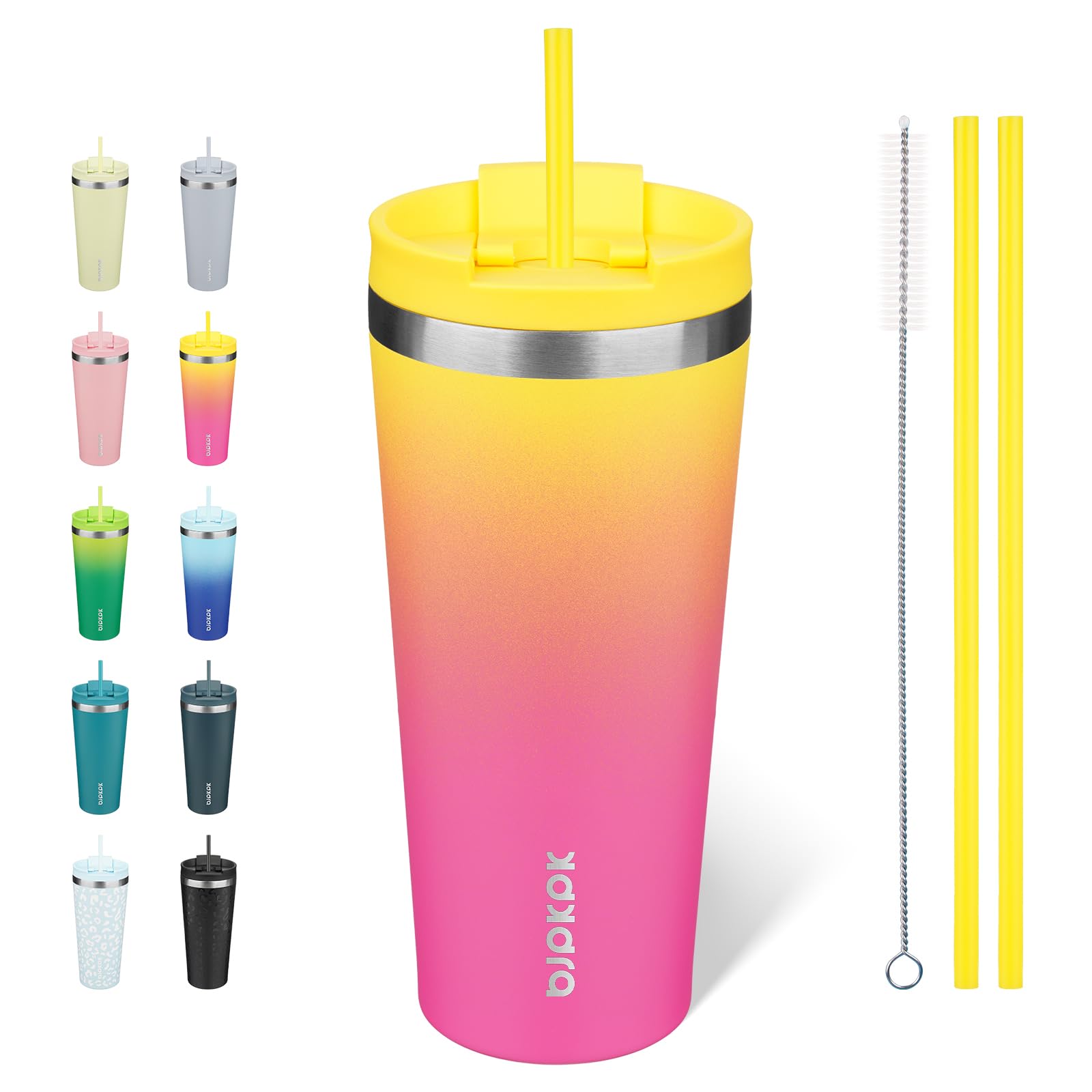 BJPKPK 22oz Stainless Steel Insulated Tumbler with lid and Straw Travel Coffee Thermal Tumblers Cup for Women and Men,Pink Yellow Rose