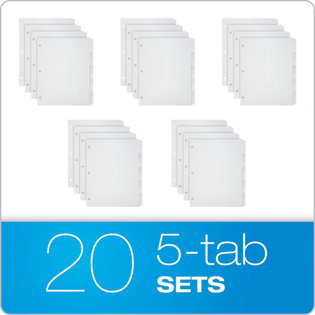 Oxford Binder Dividers, Blank Write-On, White, 1/5-Cut Tabs, Letter Size, 3-Hole Punched, 5 Tabs Per Set, 100 Dividers (20 Sets), for School, Office, and Home Organization