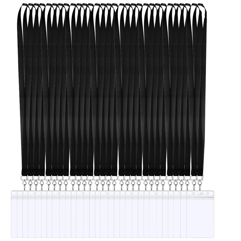 30 Pack Breakaway Lanyards Polyester Neck Straps with 30 Pack Waterproof Badge Holders Name Tag for ID Cards Events Office and Schools (30, Black)