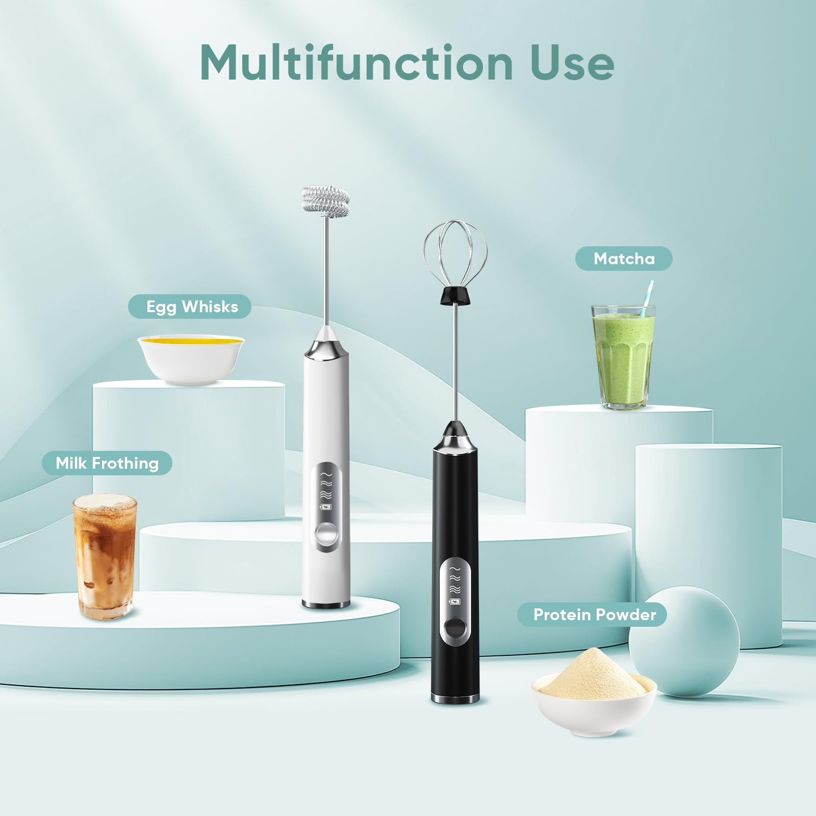 Rechargeable Milk Frother Handheld with Stand, Electric Whisk 3 Speeds Adjustable, Hand Held Coffee Frother with 2 Whisks, Drink Mixer for Latte, Espresso, Cappuccino, Protein Powder, Egg, Black