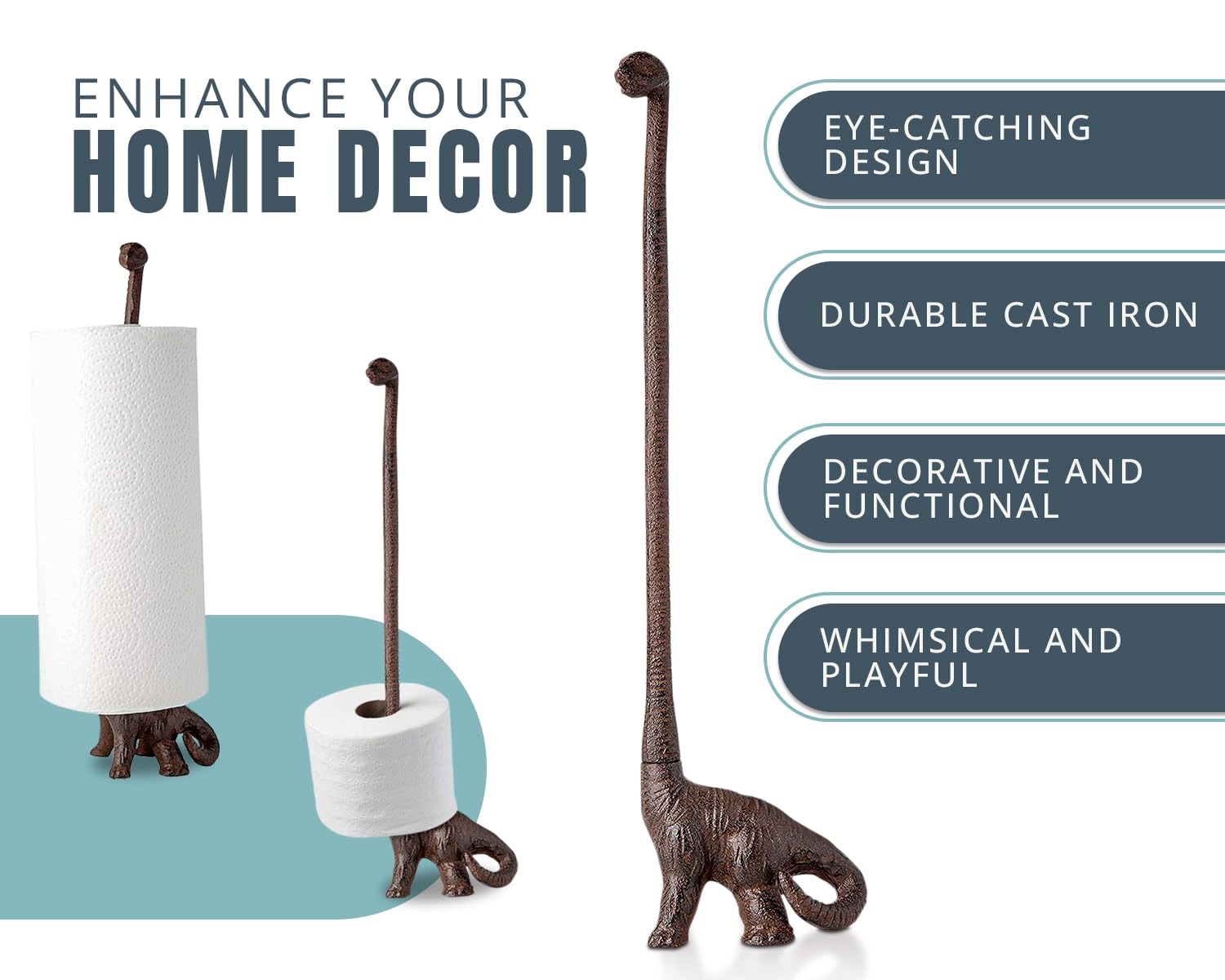 Comfify Cast Iron Dinosaur Paper Towel Holder or Free Standing Toilet Paper Holder - Rustic Brown w/Vintage Finish