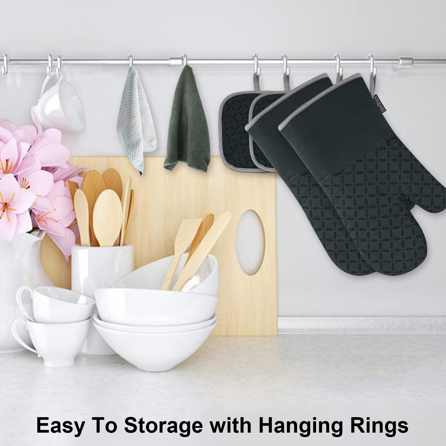 KEGOUU Oven Mitts and Pot Holders 6pcs Set, Kitchen Oven Glove High Heat Resistant 500 Degree Extra Long Oven Mitts and Potholder with Non-Slip Silicone Surface for Cooking