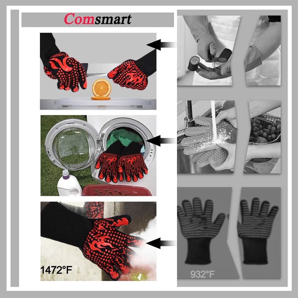 Comsmart BBQ Gloves, 1472 Degree F Heat Resistant Grilling Gloves Silicone Non-Slip Oven Gloves Long Kitchen Gloves for Barbecue, Cooking, Baking, Cutting, Red