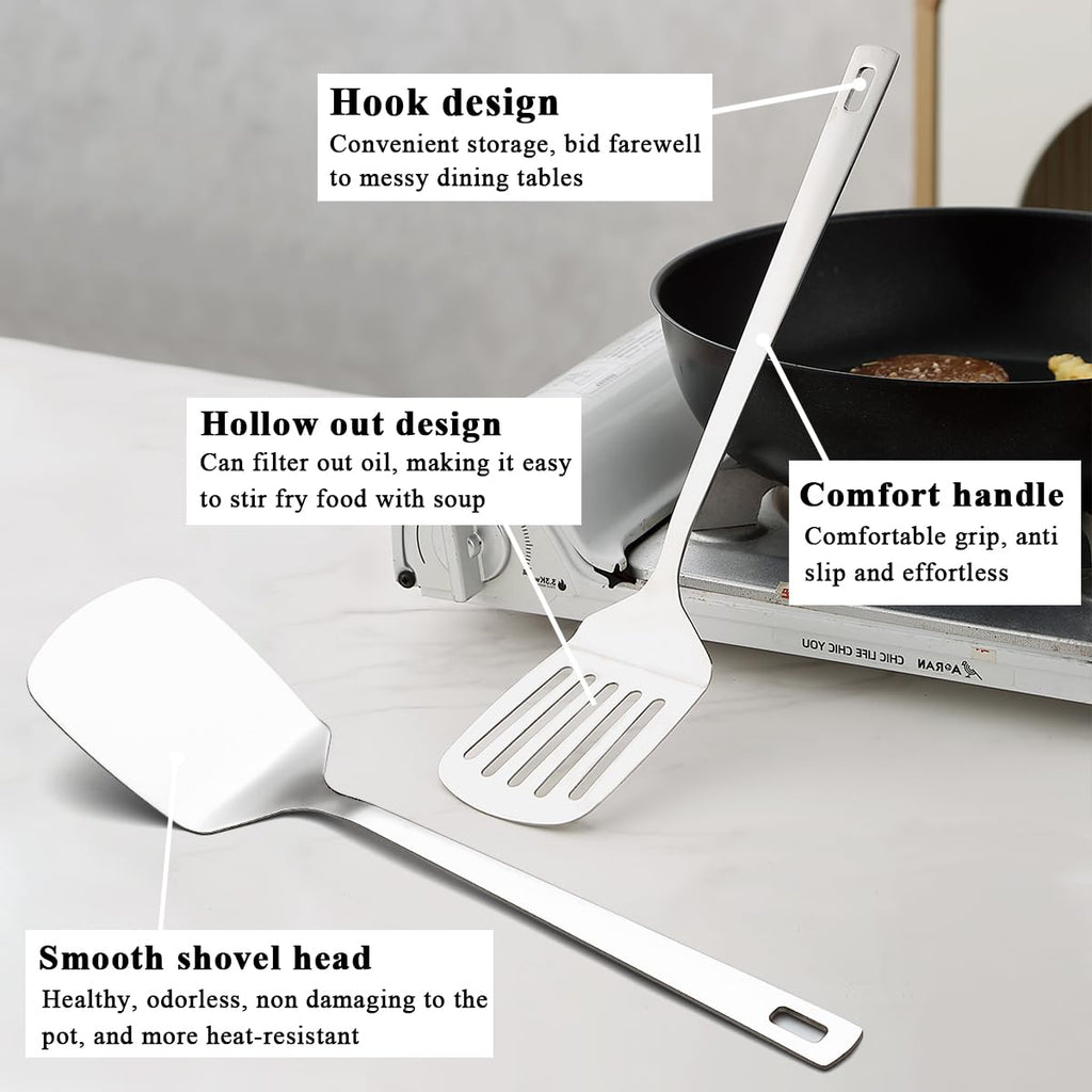 Evanda 6-Piece Modern Stainless Steel Cooking Utensils Set, Heavy Duty Kitchen Tools, Spatulas, Slotted Spoon, Ladle, Skimmer, Home Essentials Kitchen Gadgets Accessories