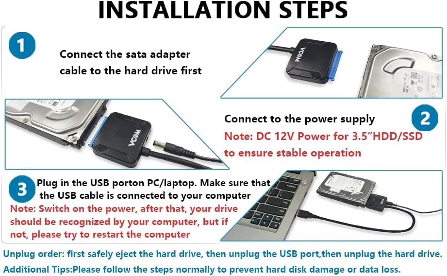 VCOM SATA to USB Adapter, USB 3.0 to SATA Cable for 3.5 2.5 Inch SSD HDD SATA III Hard Drive Disk, Support UASP Compatible with USB 1.1/2.0/3.0 (with External 12V/2A Power)