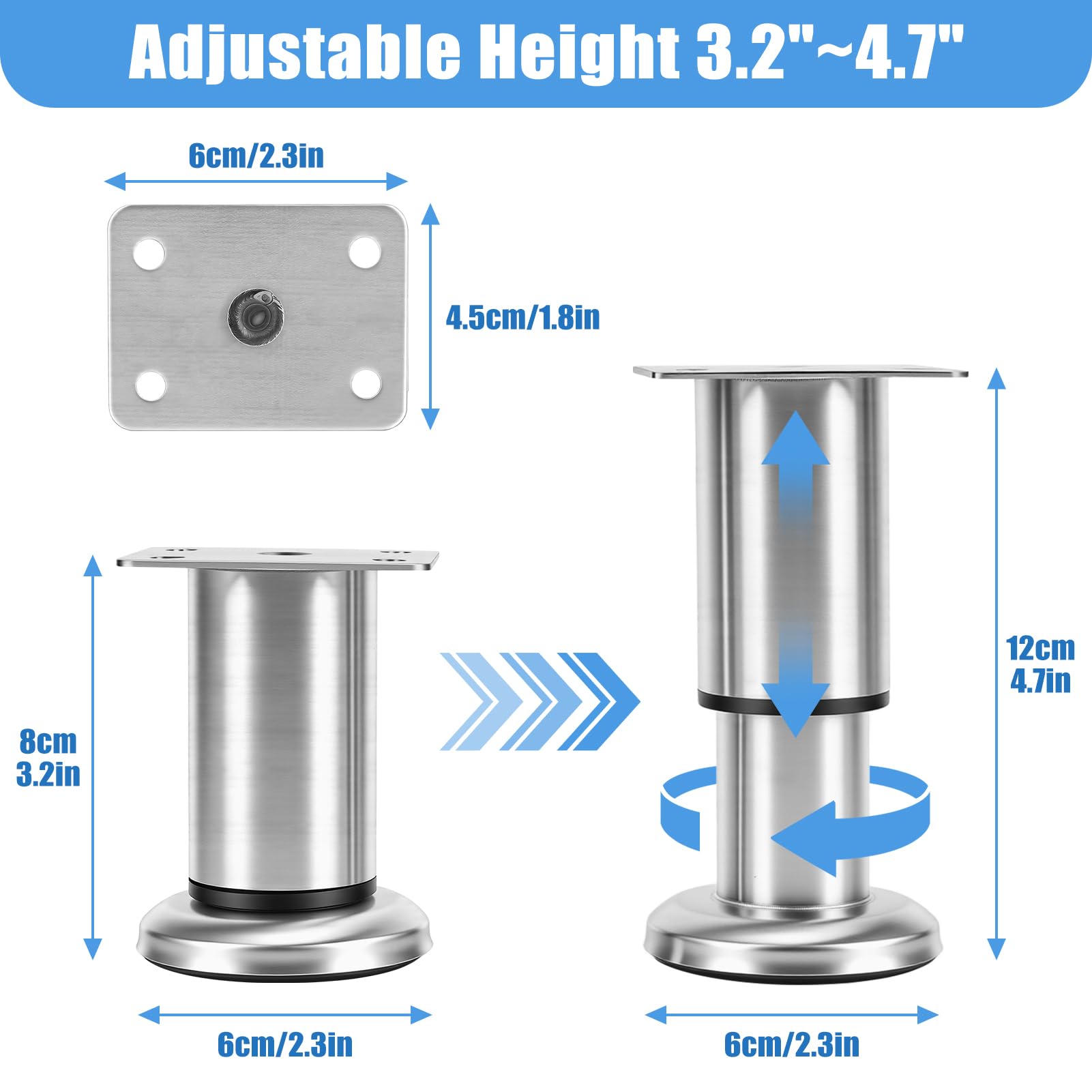 4Pcs Adjustable Height Bed Support Legs with 20Pcs Screws, 3.2"-4.7" Adjustable Furniture Legs Feets, Heavy Duty Furniture Risers for Cabinet Sofa Chair Dresser Desk (Silver)