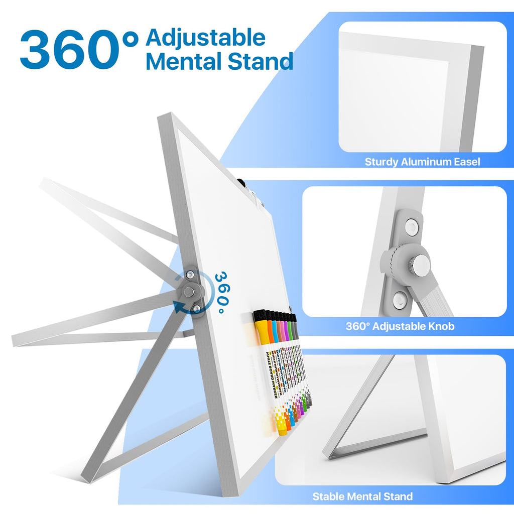 Dry Erase White Board with Stand, Double-Sided Weekly Whiteboard 16"x12", 10 Markers, 6 Magnets, 1 Eraser, Portable Desktop Whiteboard for Planning, Weekly Schedule Board for Home