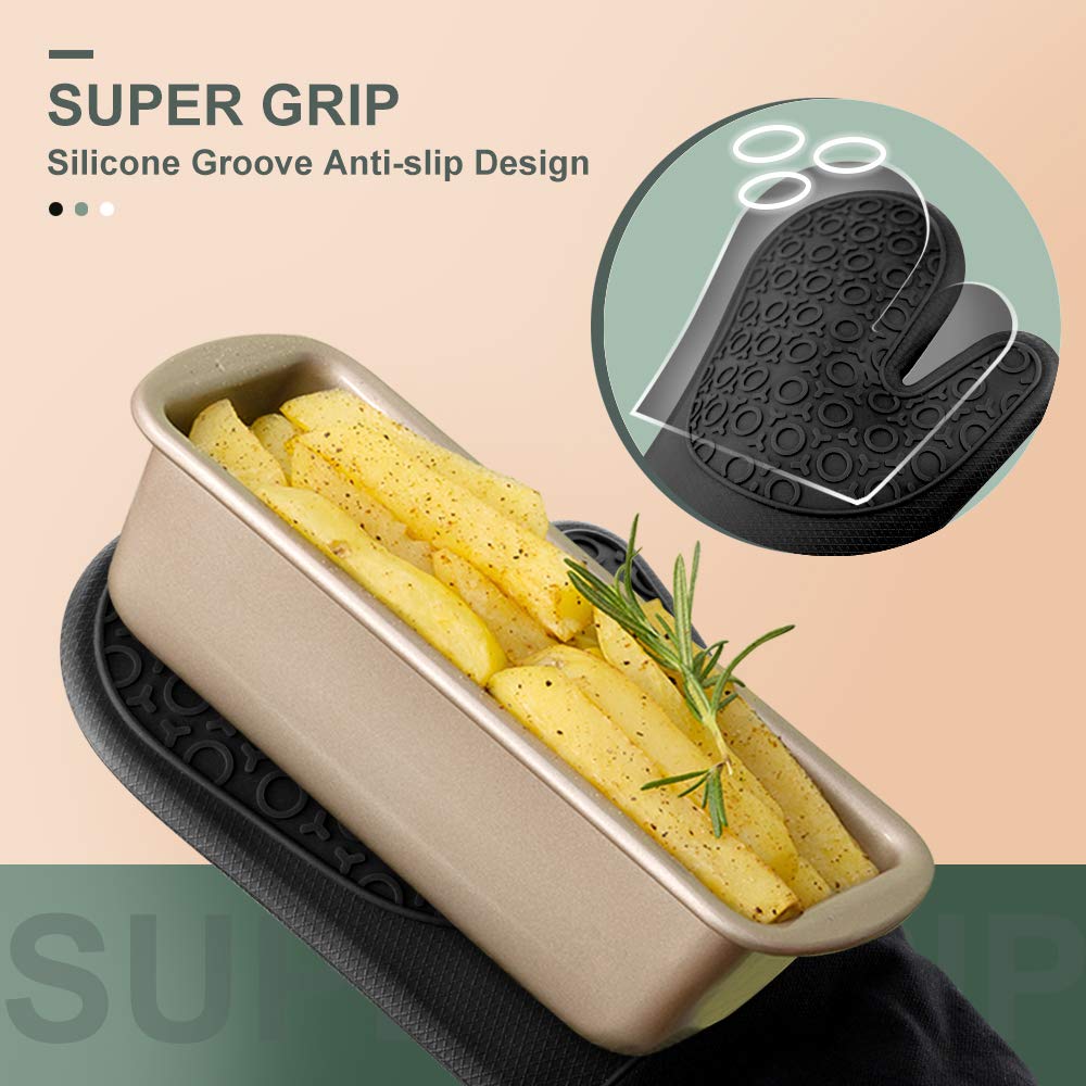 Sungwoo Extra Long Silicone Oven Mitts, Heat Resistant Oven Gloves with Quilted Liner Non-Slip Textured Grip Perfect for BBQ, Baking and Grilling - 14.6 Inch Black