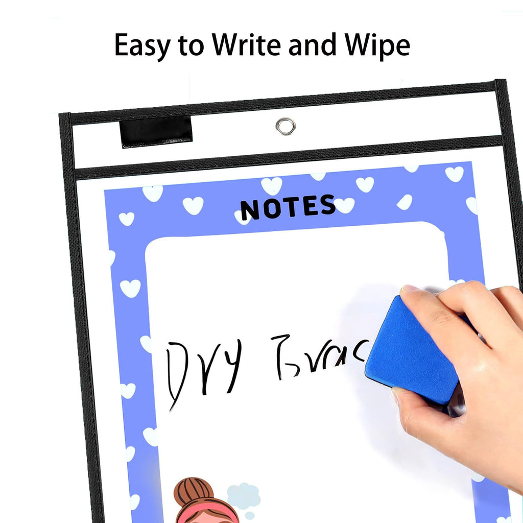 30 Pcs Reusable Dry Erase Pockets Sleeves, 10" x 13" Job Ticket Holders, Clear Dry Erase Sheet Protectors with 12 Pen and 4 Erasers for Office School Classroom & More, Black