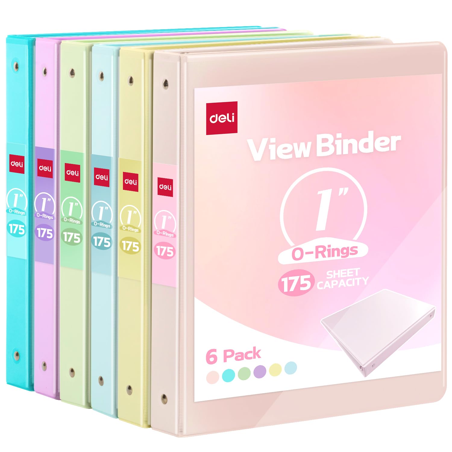 Deli 1-inch 3 Ring Binder with 2 Interior Pockets, 175 Sheets Capacity, 1 inch Binders fits 11" x 8.5" US Letter Size, Assorted 6 Pastel Colors, 6 Pack