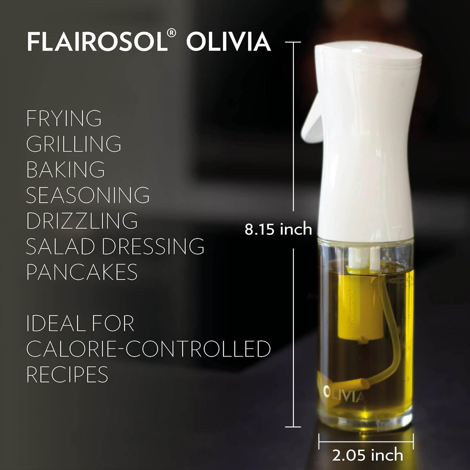 FLAIROSOL OLIVIA. The Original, Oil Sprayer for Cooking, 130ml Olive Oil Mister Spray Bottle, Continuous Spray Bottle for Kitchen, Cooking, Baking, Salad, BBQ (Glass Bottle, White Print)