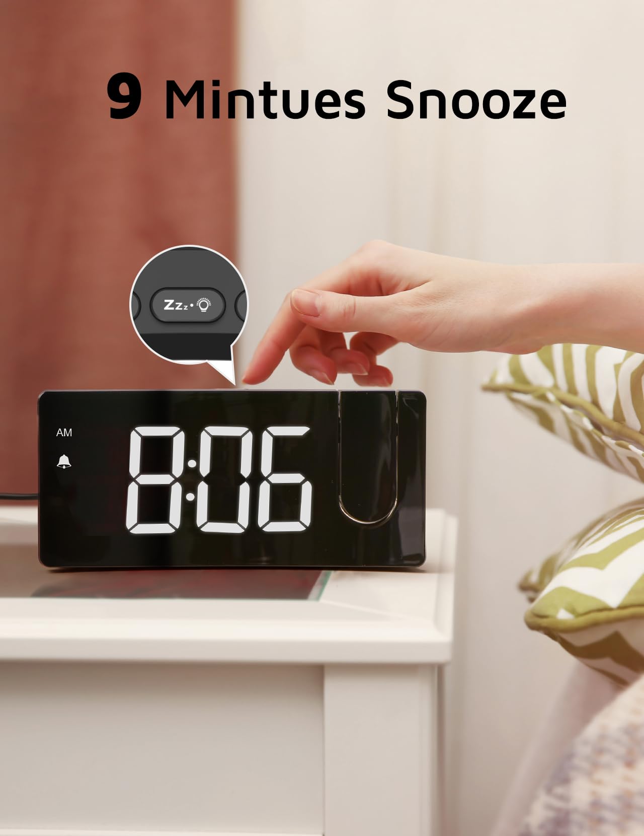 GOLOZA Projection Alarm Clock, Digital Clock with Modern Curved Design 180° Rotatable Projector, 3-Level Brightness Dimmer, Clear Blue LED Display, Progressive Volume, 9mins Snooze,12/24H, for Bedroom