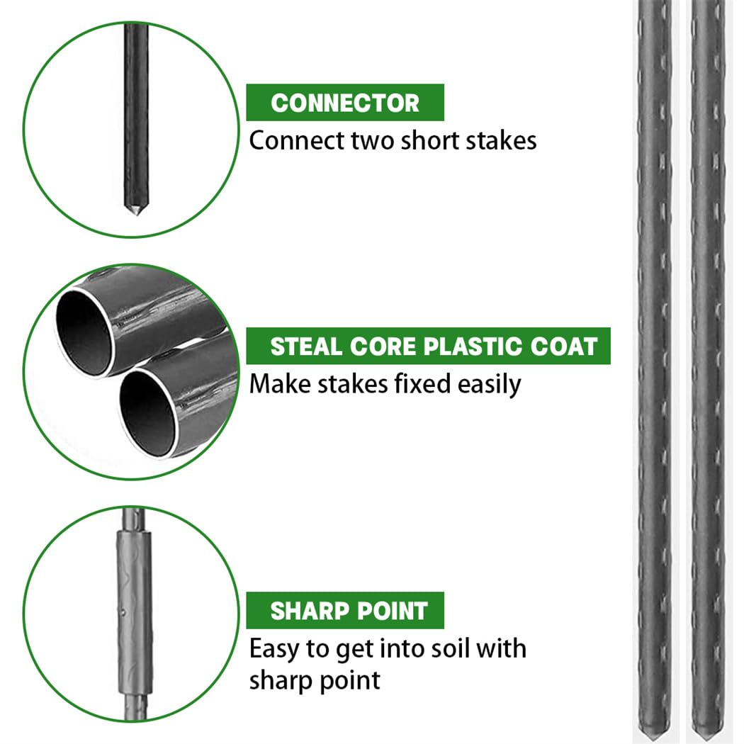 CUNQN Garden Stakes 42cm Plant Stake Metal Pack of 20 Garden Plants Sticks Tomato Stakes Plants Growing Stick with 10 Pcs Connector for Orchid Pea Vegetables Support, black, CQBLACKPPG20US