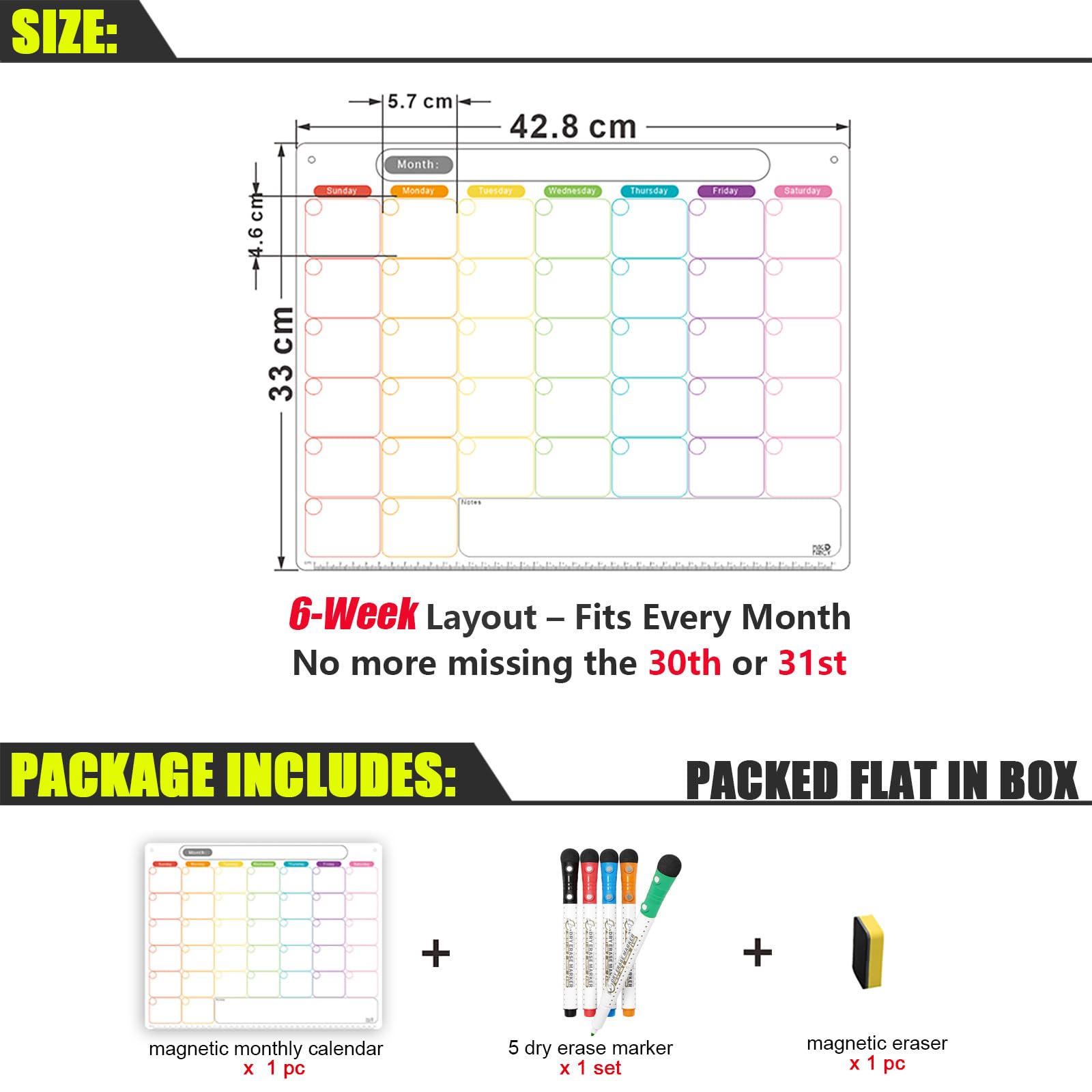Magnetic Calendar for Fridge, Dry Erase Whiteboard Calendar Monthly Planner, 6-Week Layout, Easy to Clean, Extra-Thick Strong Magnetic Hold, Includes Dual-Magnet Markers & Eraser 43 x 33 cm