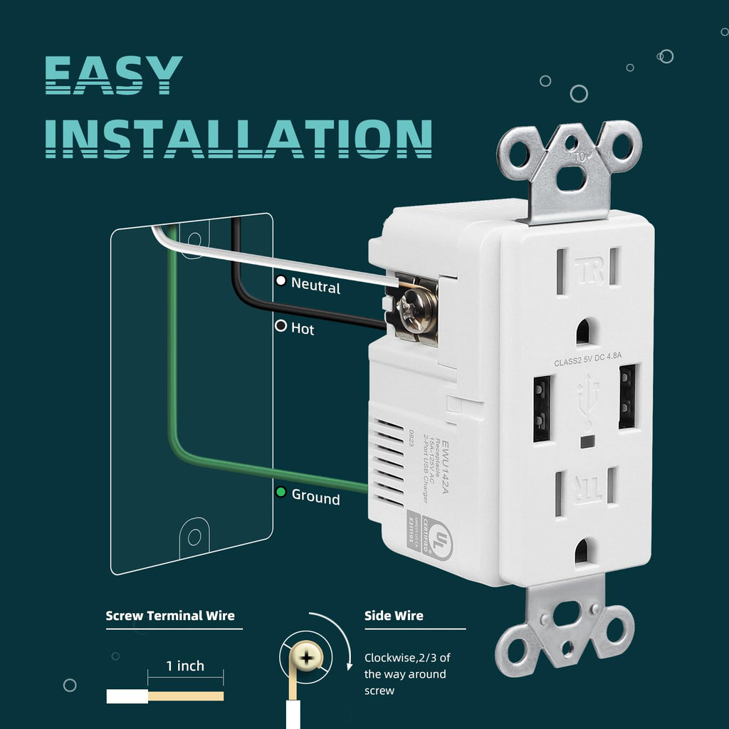 TOPELER 2Pack USB Wall Outlet, Receptacle Outlet with 4.8A Charging Capacity, 15A Tamper Resistant Electrical Socket, Screwless Wall Plate Included, UL & FCC Approved, White