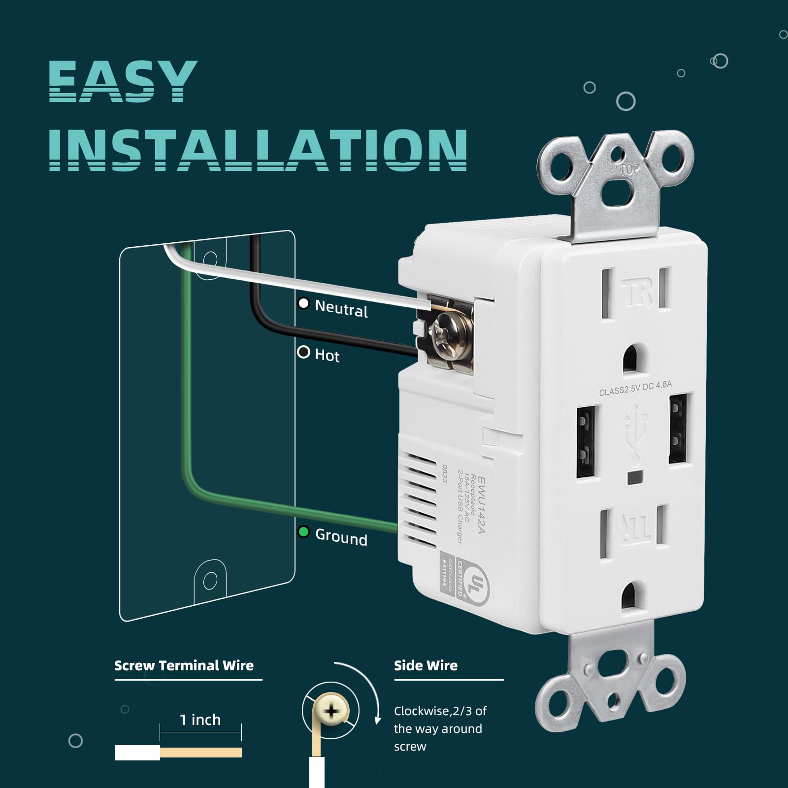 TOPELER 2Pack USB Wall Outlet, Receptacle Outlet with 4.8A Charging Capacity, 15A Tamper Resistant Electrical Socket, Screwless Wall Plate Included, UL & FCC Approved, White