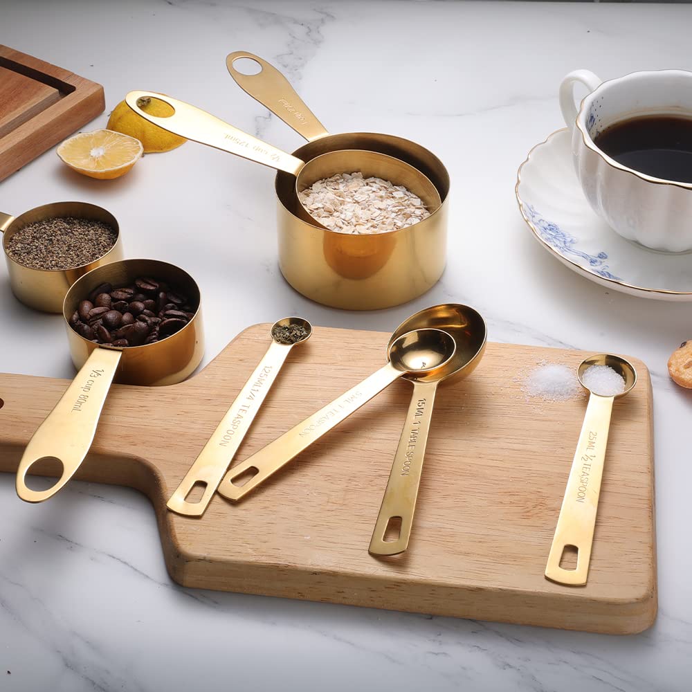 GuDoQi Measuring Cups and Spoons Set of 9, Stainless Steel Handle with Metric and US Measurements, Golden Polished Finish, Dry & Liquid Ingredient Measuring Cup for Cooking and Baking