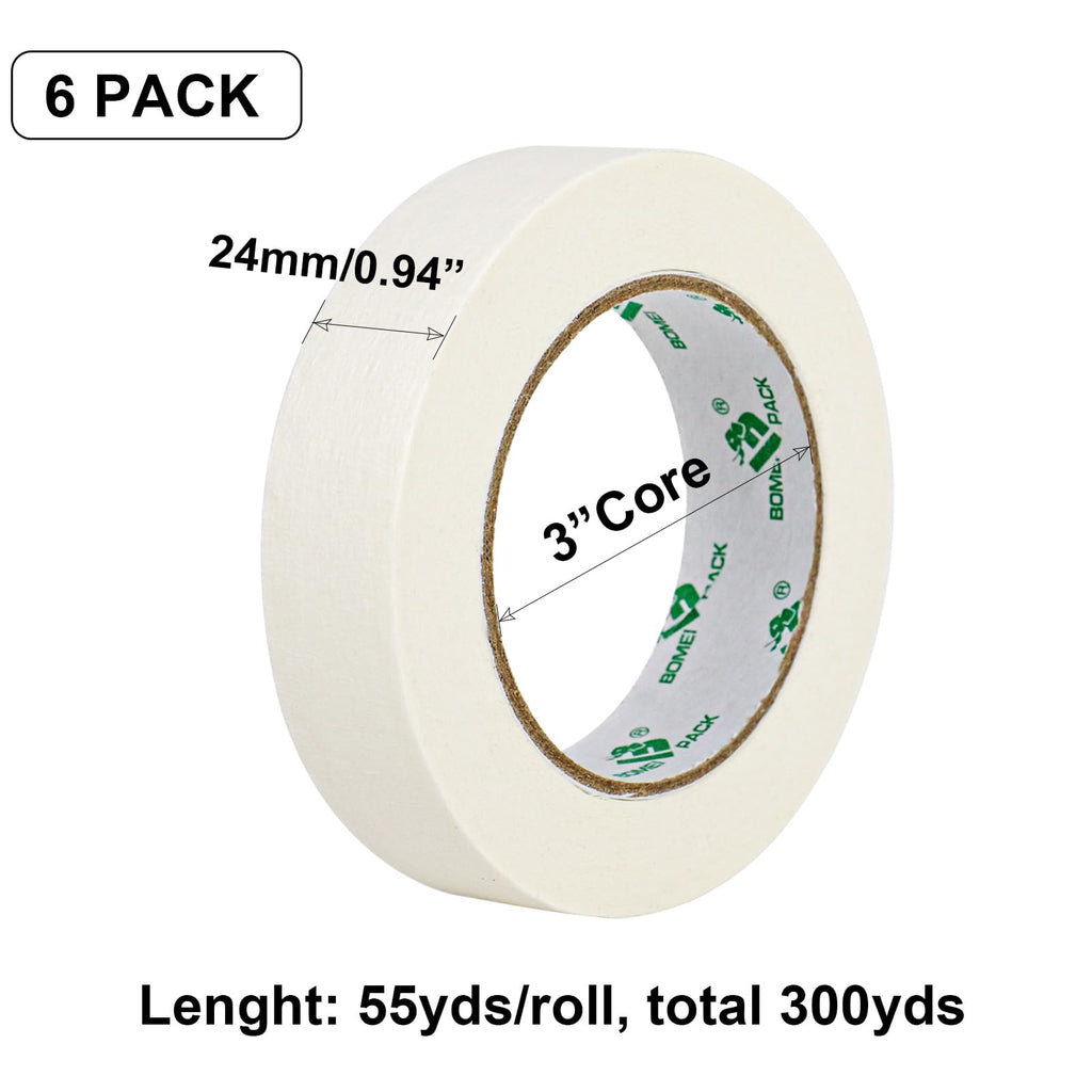 BOMEI PACK White Masking Tape 24mm x 55yds, 6 Rolls Paper Tape for General Painting