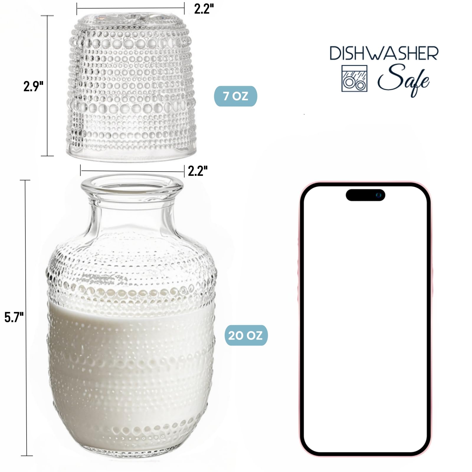 ZOOFOX Set of 2 Vintage Bedside Water Carafe and Glass Set, Clear Embossed Night Water Carafe with Tumbler Glass, Elegant Pitcher and Matching Drinking Glass, Easy-Access for the Night
