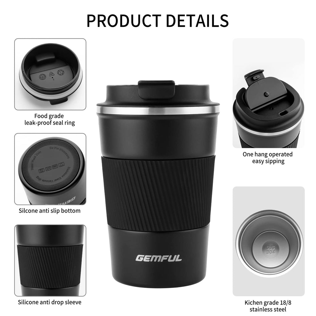 GEMFUL Set of 2 380ml Insulated Travel Mugs Leak Proof Stainless Steel Coffee Tumblers Double Wall Vacuum Coffee Cups to Go for Hot Cold Drinks Office Car Commute 13oz (Black+White)