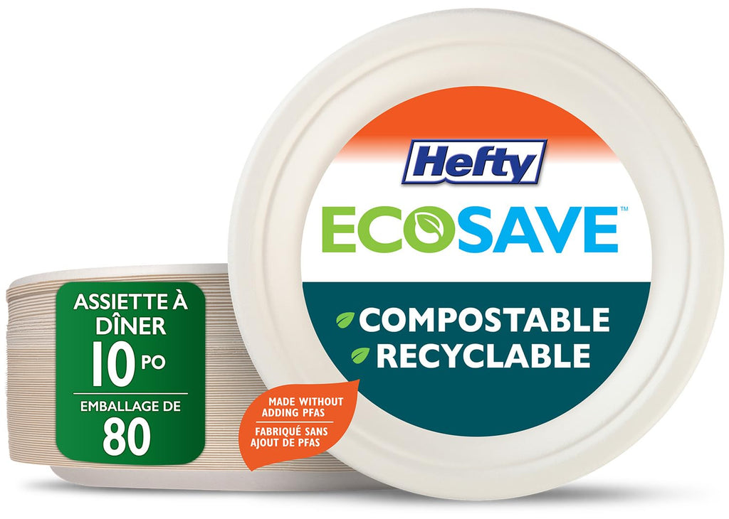 Hefty ECOSAVE Compostable Disposable Paper Plates Dinner 10", 80 Count