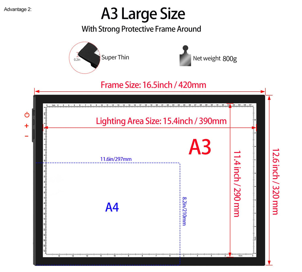 WELZK Light Board A3, 42×32CM Light Pad, Side Button Design, 9 Levels/Stepless Dimming, Super Bright Light Box Widely for Tracing, Drawing, Weeding Vinyl, Diamond Painting etc