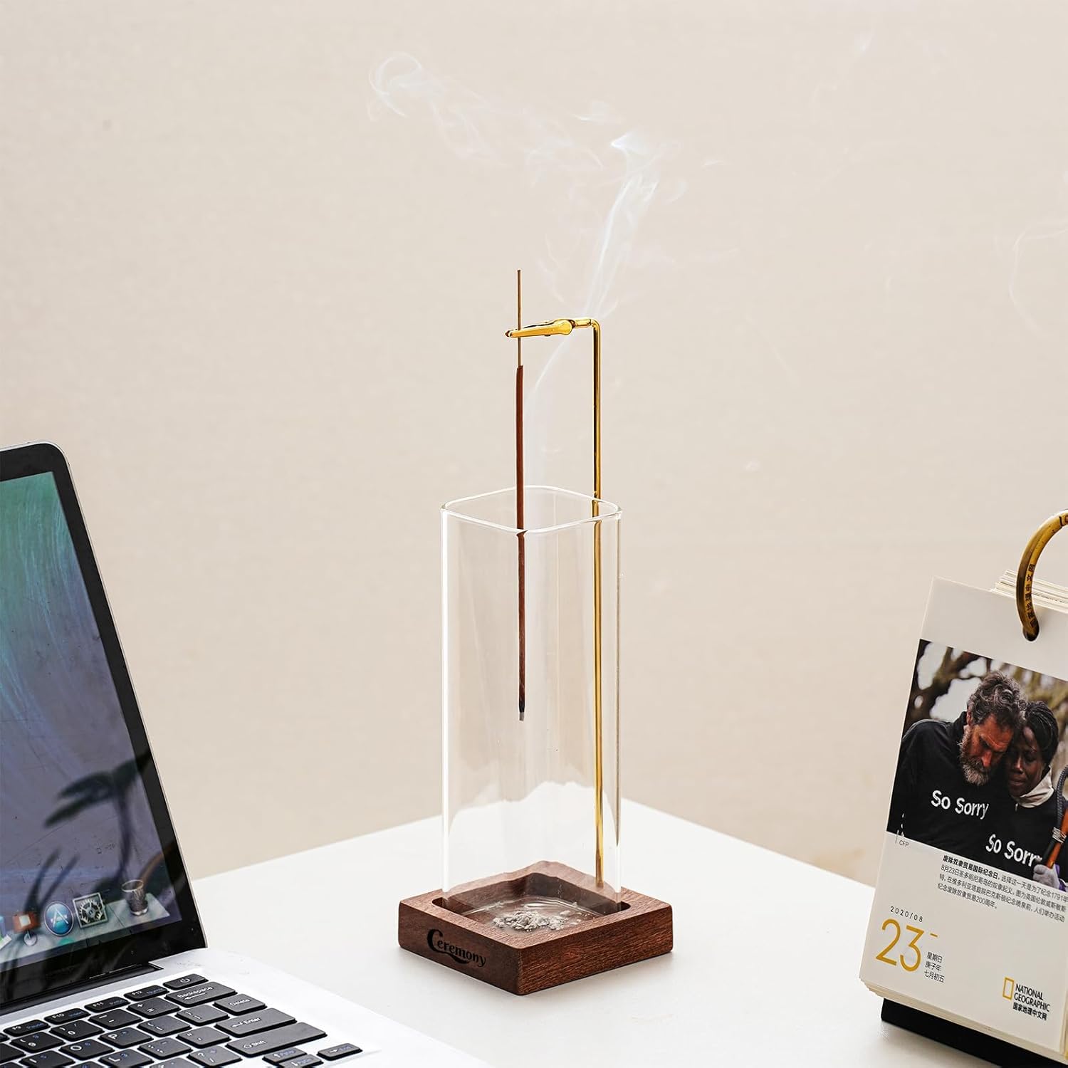 Ceremony Incense Holder, Wooden Incense Holder for Sticks with Glass Ash Catcher, Anti-ash Incense Burner with a Ash Brush for Meditation Yoga Spa Room Decor