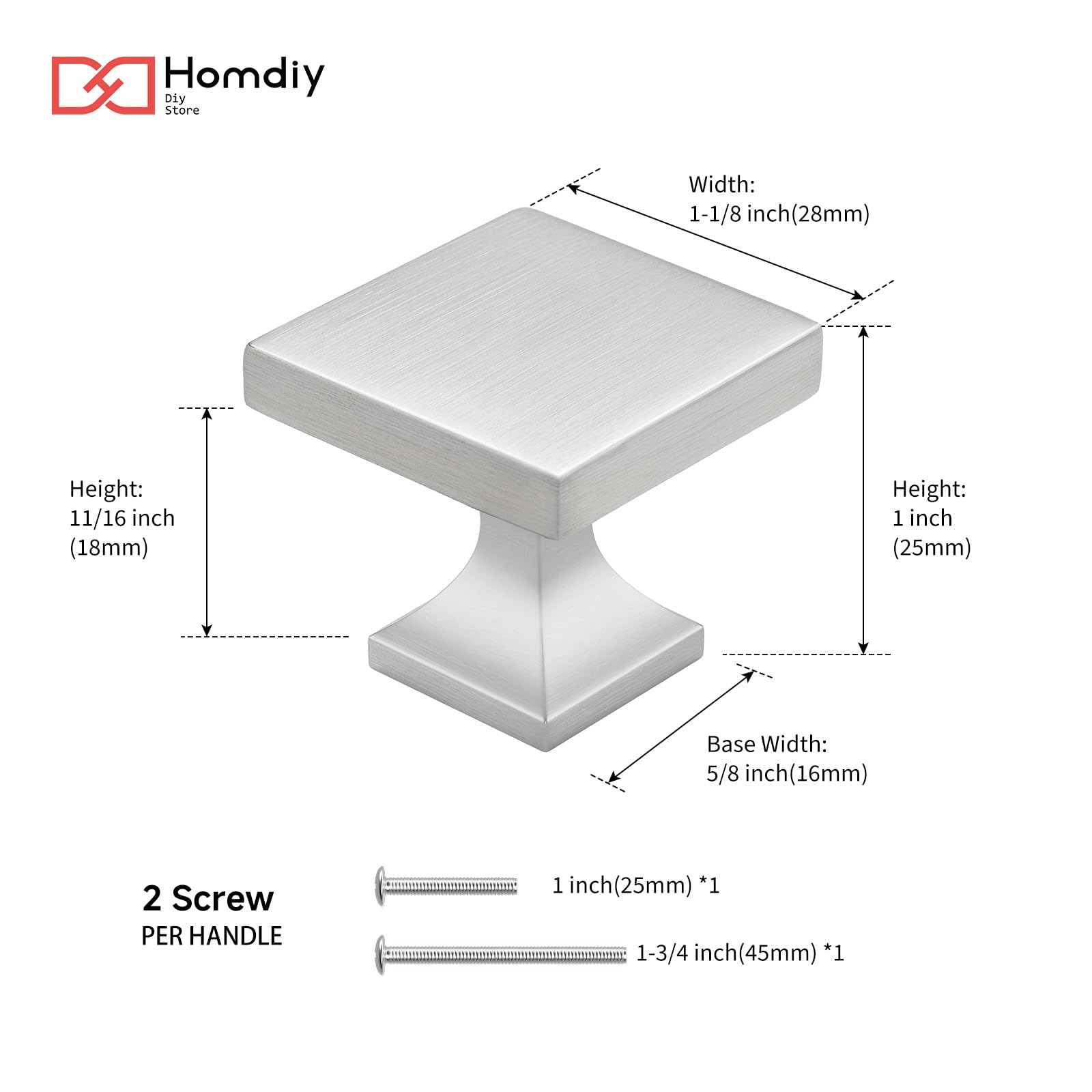 Square Cabinet Drawer Knobs Brushed Nickel 6 Pack - Homdiy HD6785SNB Soild WxW:1-1/10inch Modern Kitchen Bathroom Furniture Hardware Drsser Cabinet Drawer Hardwre Knobs Satin Nickel
