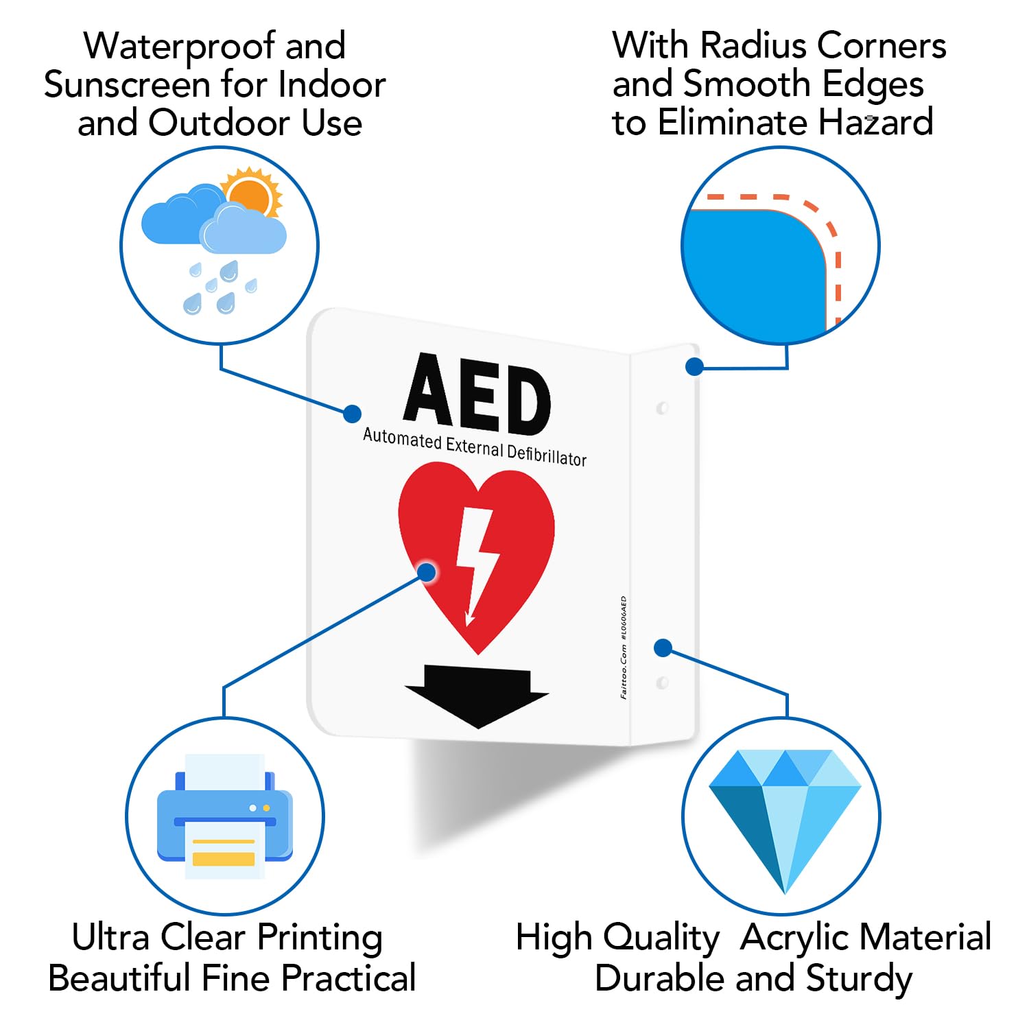 Faittoo AED Sign, AED Automated External Defibrillator with Down Arrow Sign, 6x6 Inches 90D Projection - Acrylic, 2 Pre-Drilled Holes, Includes Matching Screws, Use for Home Office/Business, 2 Pack