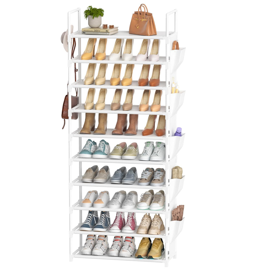 Tall Shoe Rack 10 Tier Shoe Racks Organizer for Closet 30-35 Pairs,Large Capacity Storage Rack for Shoes with 5 Hooks and Side Pocket,Sturdy Metal Shoe Shelf, Vertical Shoe Stand Tower
