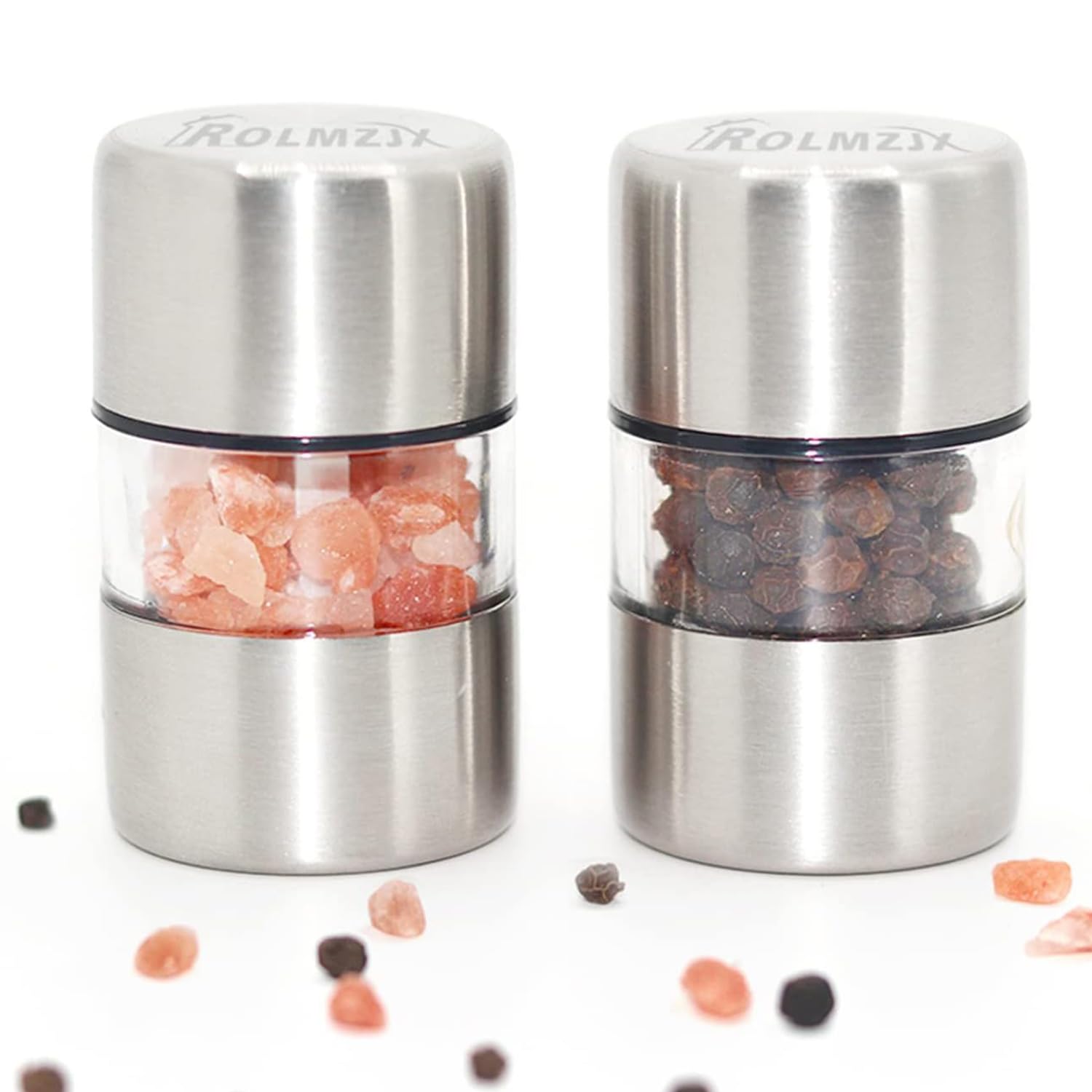 ROLMZJX 2 Pcs Mini Salt and Pepper Grinder Set,Travel Salt and Pepper shakers,mini Salt and Pepper shakers,Salt Grinder refillable for Kitchen Camping Gift