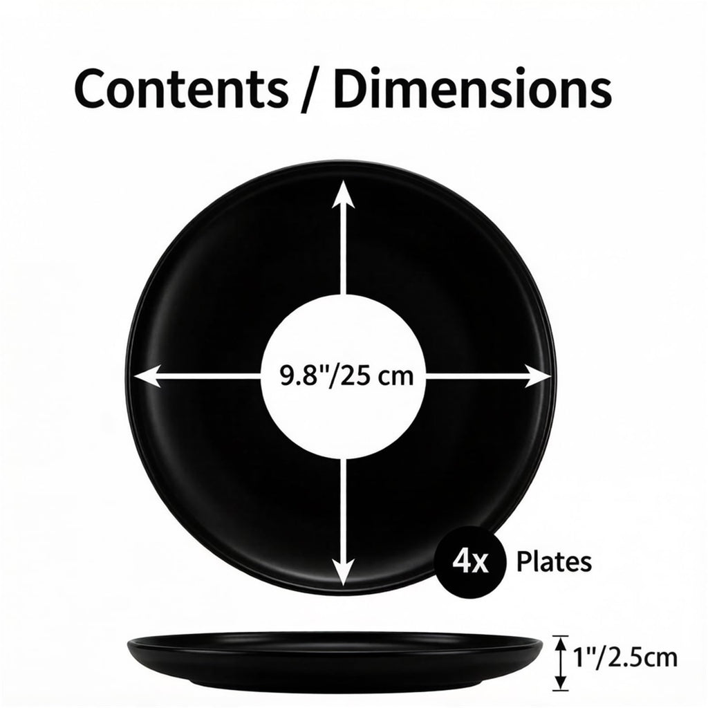 ZENFUN Set of 4 Porcelain Dinner Plates, 10 Inch Matte Ceramic Dish Steak Plates, Elegant Large Round Serving Plates for Salad, Pasta, Pizza, Dishwasher & Microwave Safe, Black