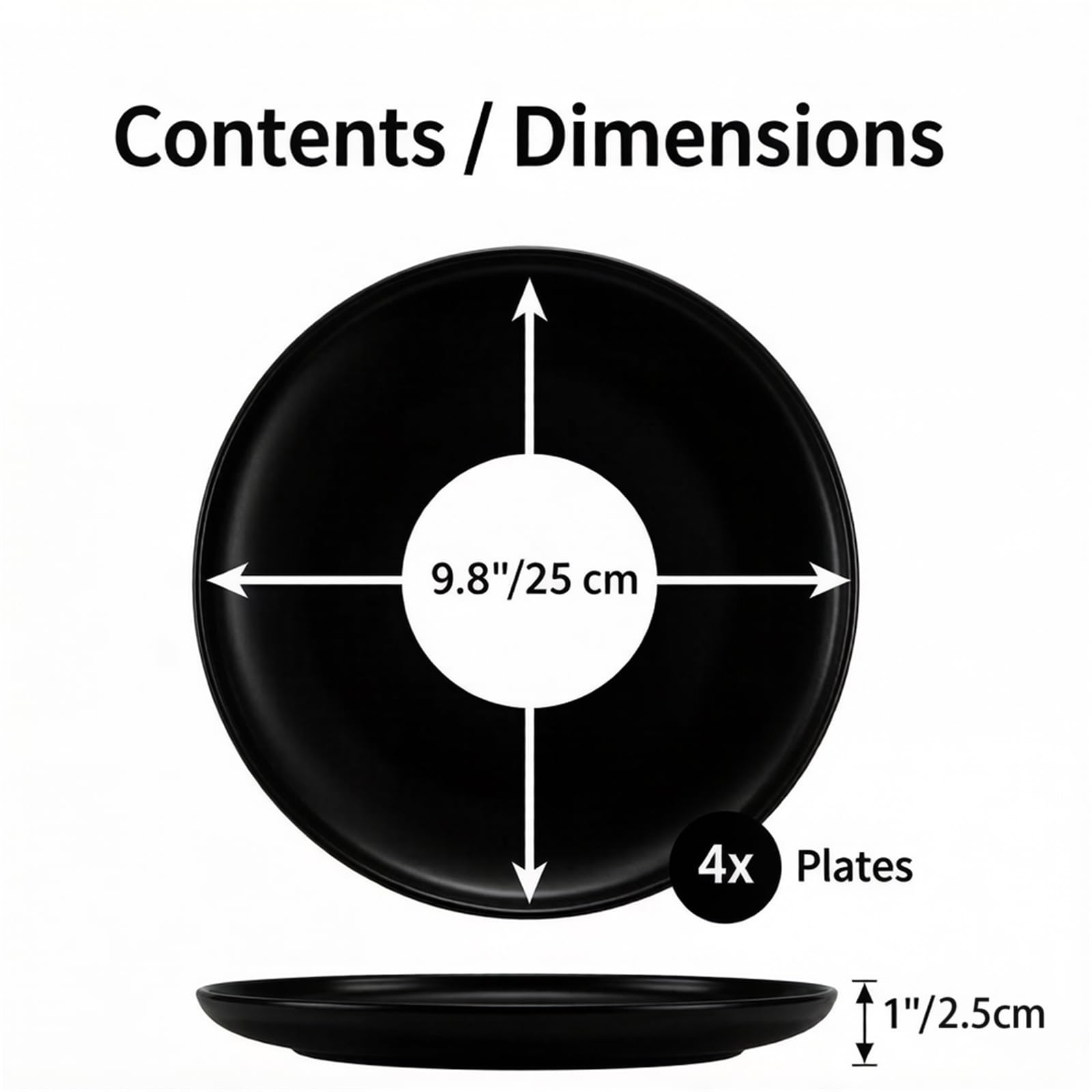 ZENFUN Set of 4 Porcelain Dinner Plates, 10 Inch Matte Ceramic Dish Steak Plates, Elegant Large Round Serving Plates for Salad, Pasta, Pizza, Dishwasher & Microwave Safe, Black
