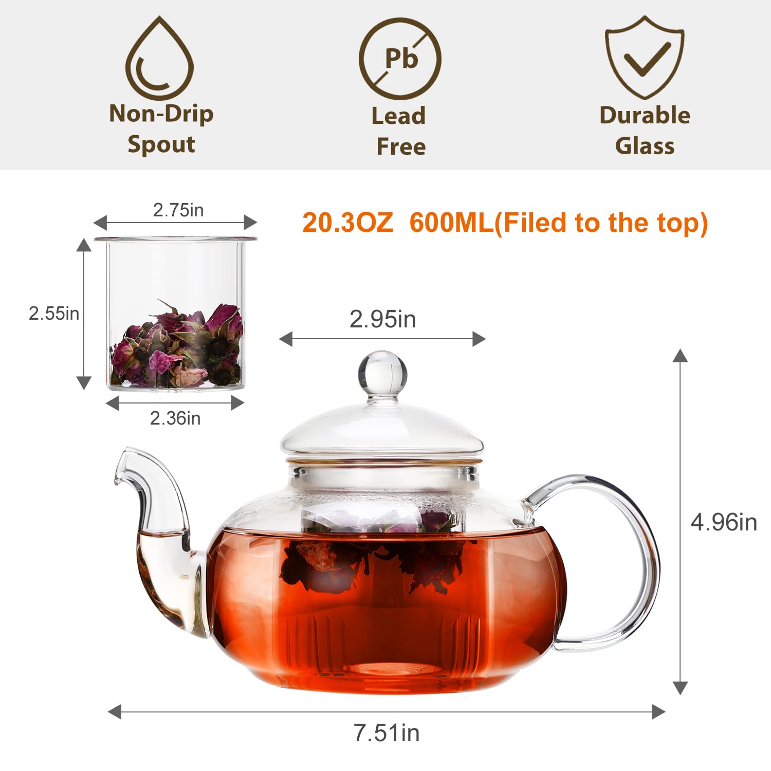 CnGlass Glass Teapot Stovetop Safe,Clear Teapot with Removable Infuser 20.3 oz,Loose Leaf and Blooming Tea Maker