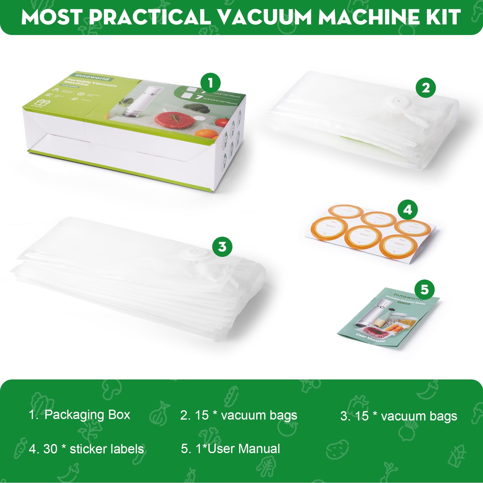 Innoworld Reusable Vacuum Sealer Bags for Food, 30 Small (8.7 x 11.8 in, 11.8 x 13.8 in) Food Storage Bags, Freezer, Microwave, Odor-Resistant, Leak-Proof, Fit with Compact Vacuum Sealers