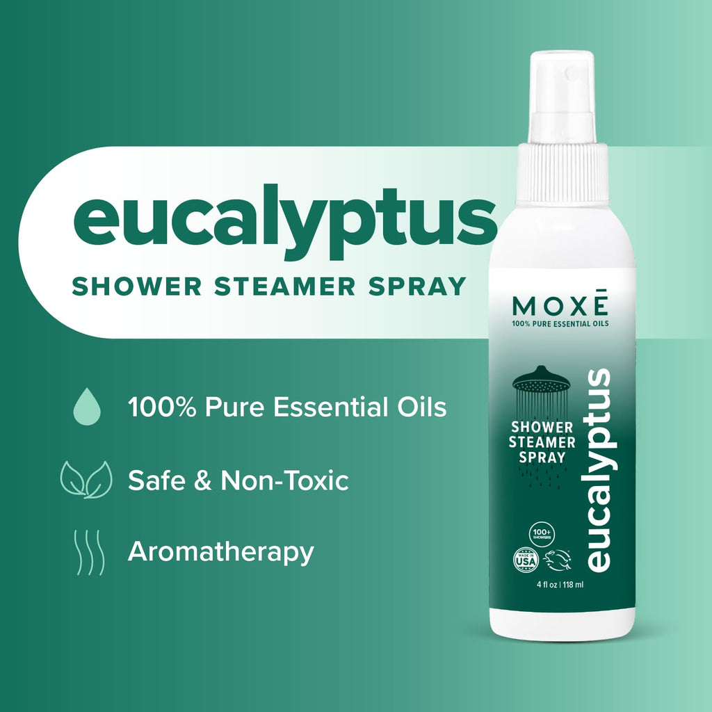MOXE Shower Mist, Spa Steam Spray, Certified Natural Essential Oils, Aromatherapy, Tension Relief (Eucalyptus, 118 ml (Pack of 1))