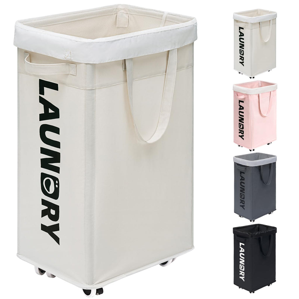 Goodpick Laundry Hamper with Wheels, 75L Collapsible Laundry Basket Organizer, Clothes Hamper with Removable Wash Bag for Bedroom, Large Laundry Basket with Handle, White