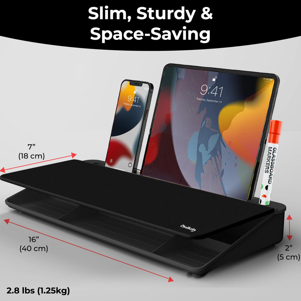 Chalkola Black Glass Desktop Whiteboard with Storage - Dry Erase Board, Work Desk Organizers, Computer Keyboard Stand, Home Office Desk Accessories, Workspace Desktop Buddy + 3 Markers