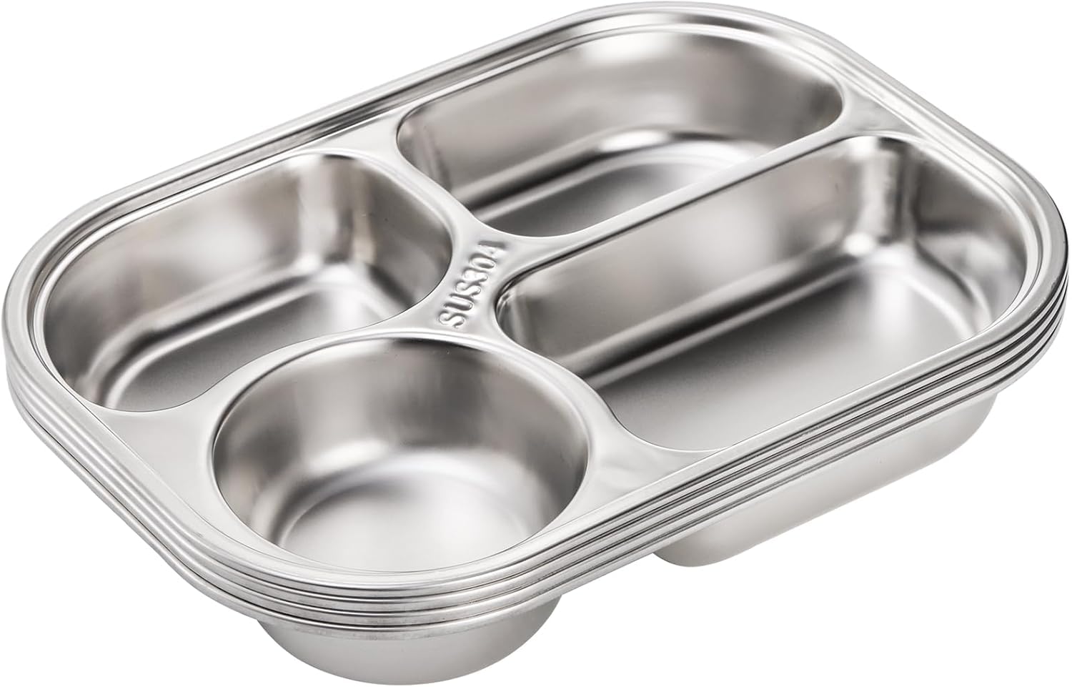 DEAYOU 4 Pack 18/10 Stainless Steel Divided Plate, Small Child Plate with 4-Compartment, Portion Control Serving Platter, Mess Food Sectioned Tray for Dinner, Lunch, Cafeteria, Kids, Adult