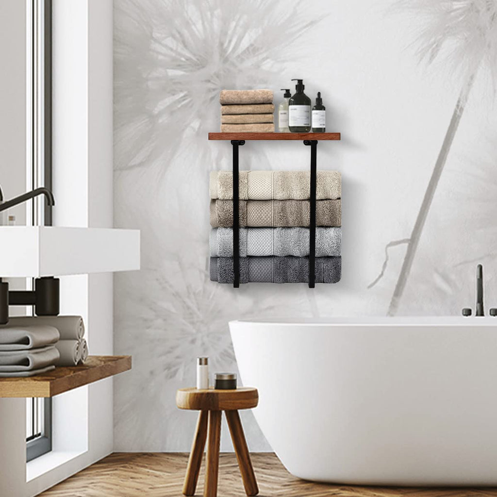 DAZUINIAO Towel Racks for Bathroom Wall Mounted Towel Rack with Wooden Shelf Towel Holder for Rolled Towels Metal Towel Storage Black