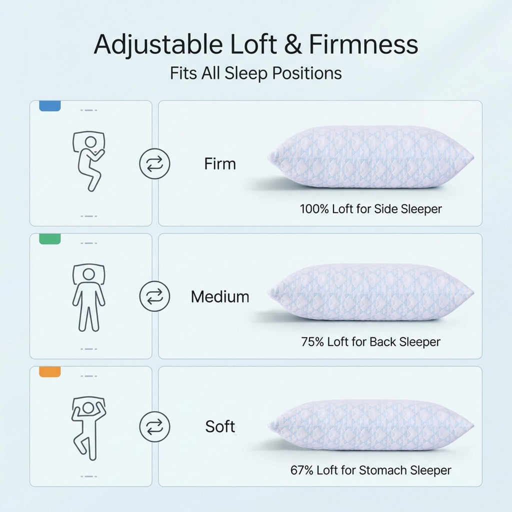 Adjustable Memory Foam Bed Pillows:Queen Size Shredded Foam Pillow Set of 2 for Sleeping with Removable & Washable Pillowcase for Back,Side & Stomach Sleeper-Medium Firm