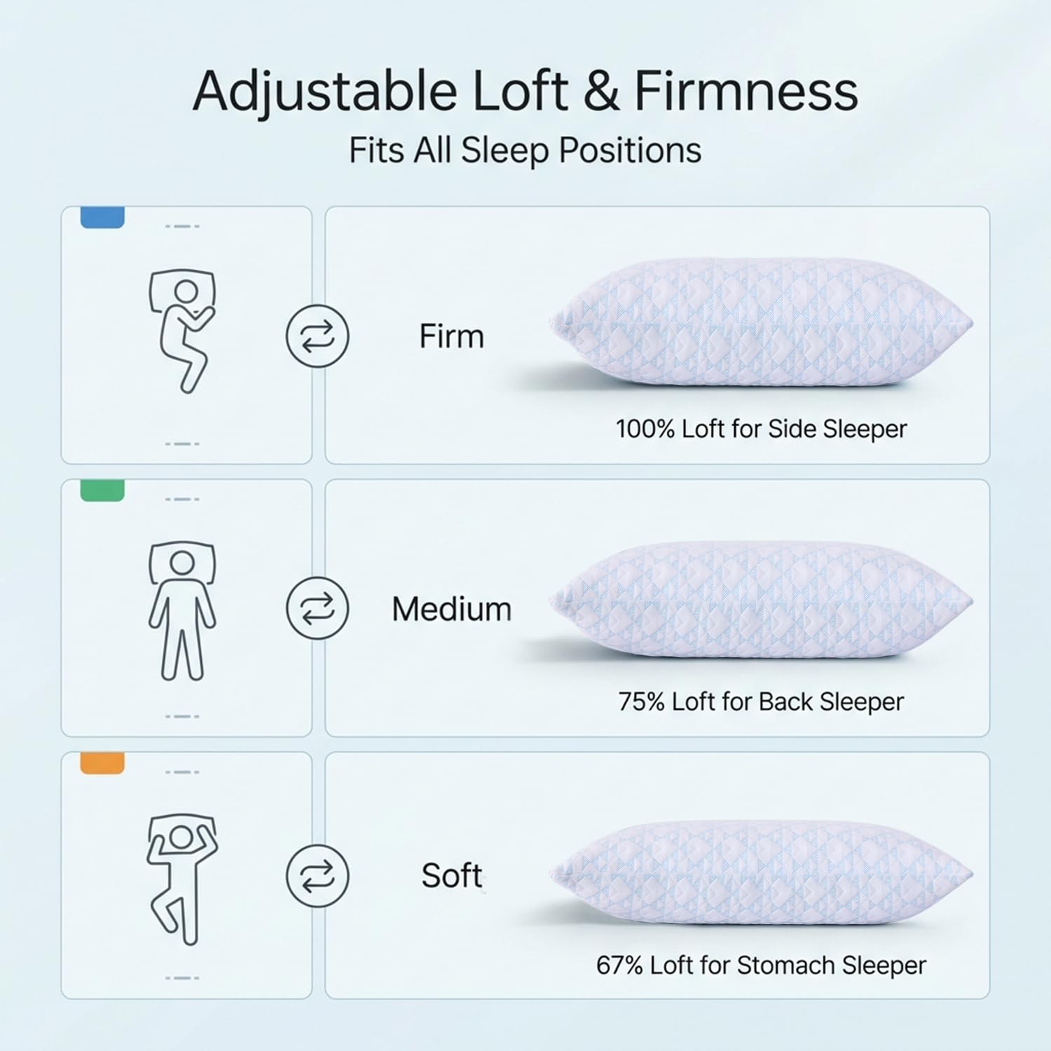 Adjustable Memory Foam Bed Pillows:Queen Size Shredded Foam Pillow Set of 2 for Sleeping with Removable & Washable Pillowcase for Back,Side & Stomach Sleeper-Medium Firm