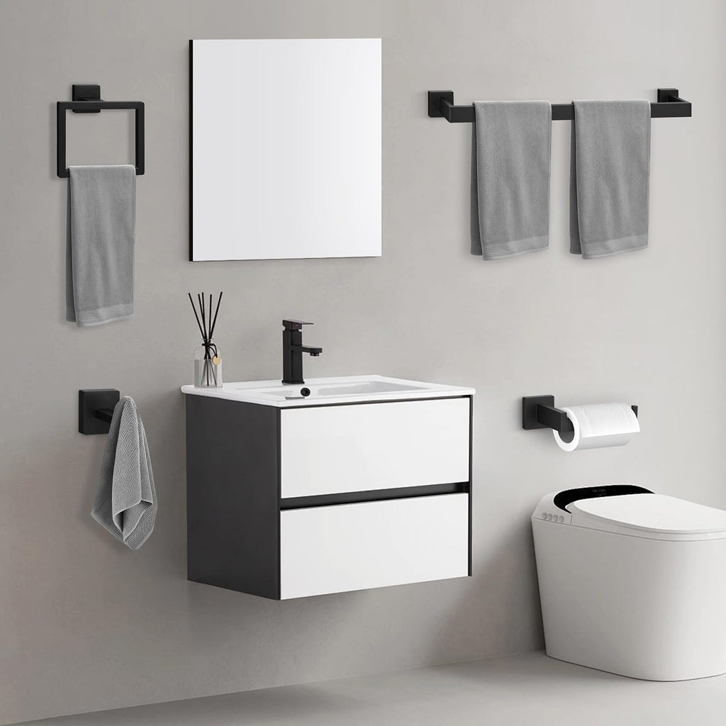 BlumWay 5-Pieces Matte Black Bathroom Accessories Set, 16 Inch Bathroom Hardware Set, SUS304 Stainless Steel Bath Towel Bar, Toilet Paper Holder,Towel Racks for Bathroom Wall Mounted