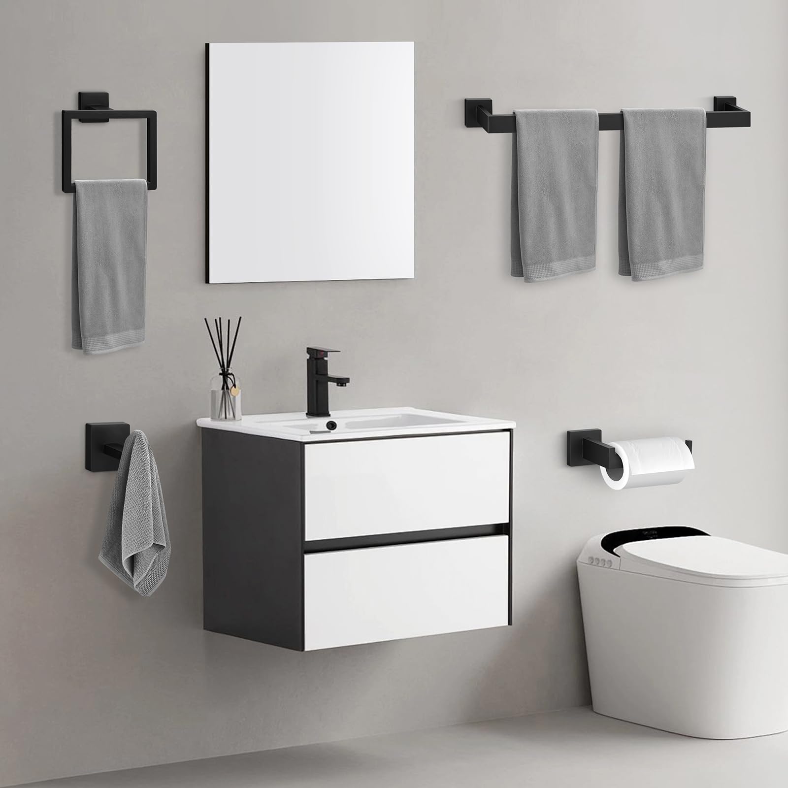 BlumWay 5-Pieces Matte Black Bathroom Accessories Set, 16 Inch Bathroom Hardware Set, SUS304 Stainless Steel Bath Towel Bar, Toilet Paper Holder,Towel Racks for Bathroom Wall Mounted