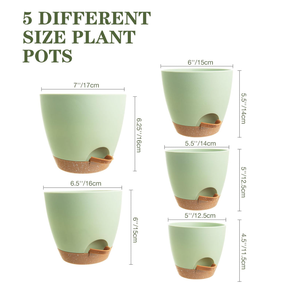 XXXFLOWER 5 Pack Self Watering Planters Plastic Plant Pots with Drainage Holes and Saucer Planting Pots Set for for Indoor Outdoor Plants-Green