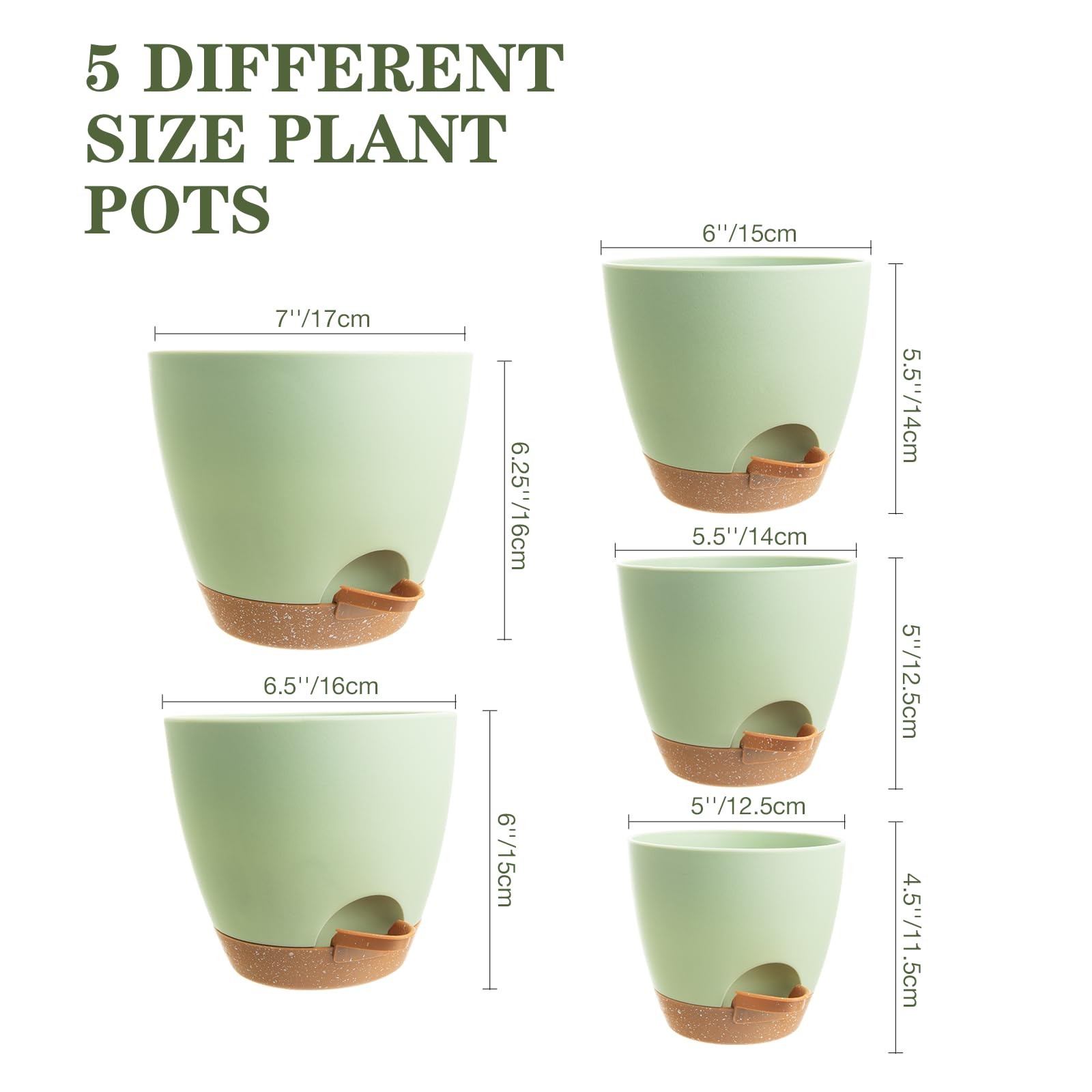 XXXFLOWER 5 Pack Self Watering Planters Plastic Plant Pots with Drainage Holes and Saucer Planting Pots Set for for Indoor Outdoor Plants-Green