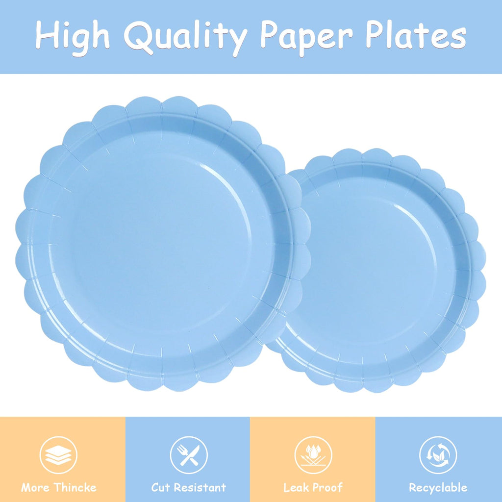PYAILI 168 Pcs Baby Blue Party Tableware Set, Paper Plates Cups Napkins, Dinnerware Set for Kids Adult Birthday,Wedding,Baby Shower Party Tableware
