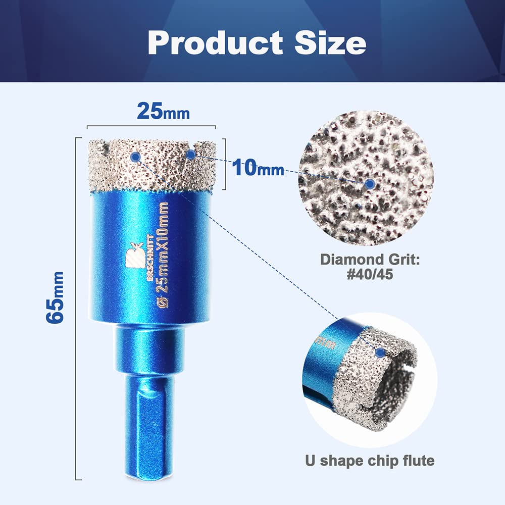 Dry Diamond Core Drill Bit Set,BRSCHNITT 2pcs 1 Inch (25 mm) Diamond Hole Saw Core Drill Bit with Triangle Shank for Porcelain Tile Ceramic Stone Granite Marble