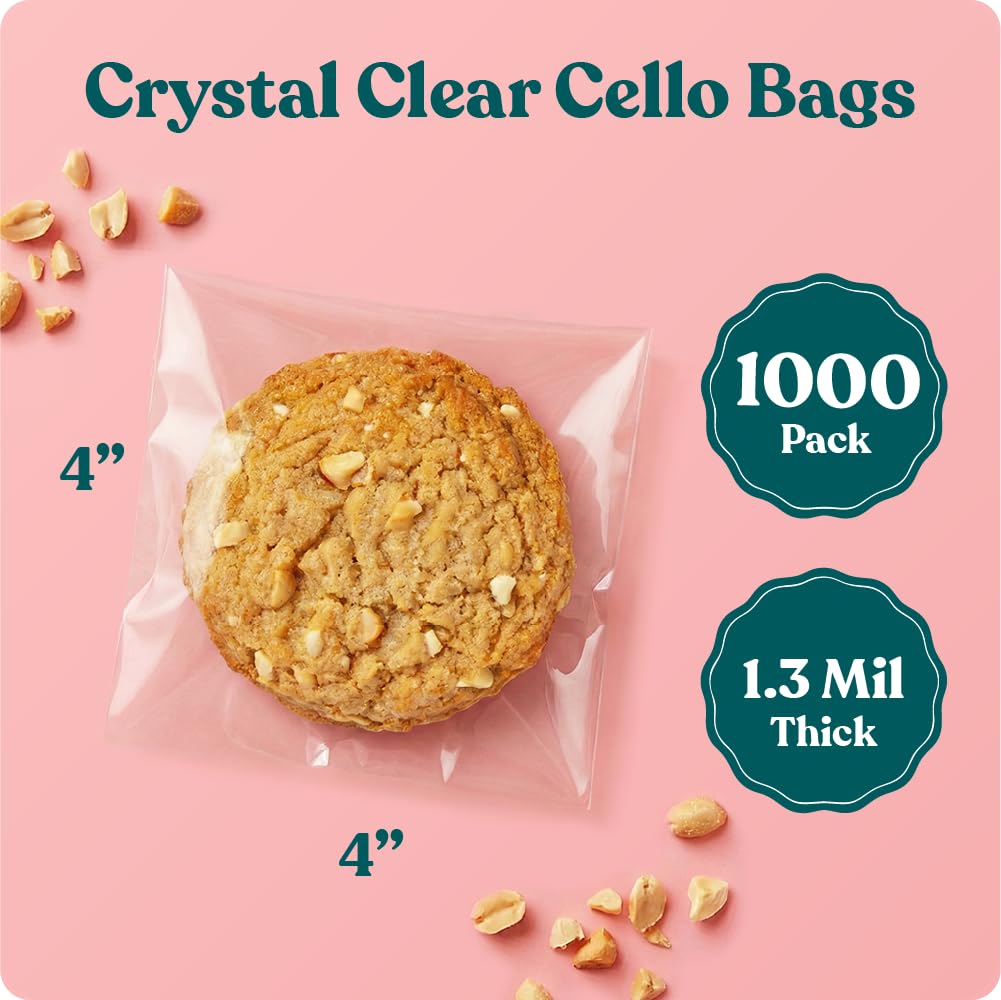 Pack It Chic - 4" X 4" Clear Self Sealing Cellophane Bags (1000 Pack) - Cookie Bags With Resealable Adhesive for Baked Goods Packaging, Candy, Treats, Bakery, Party Favors