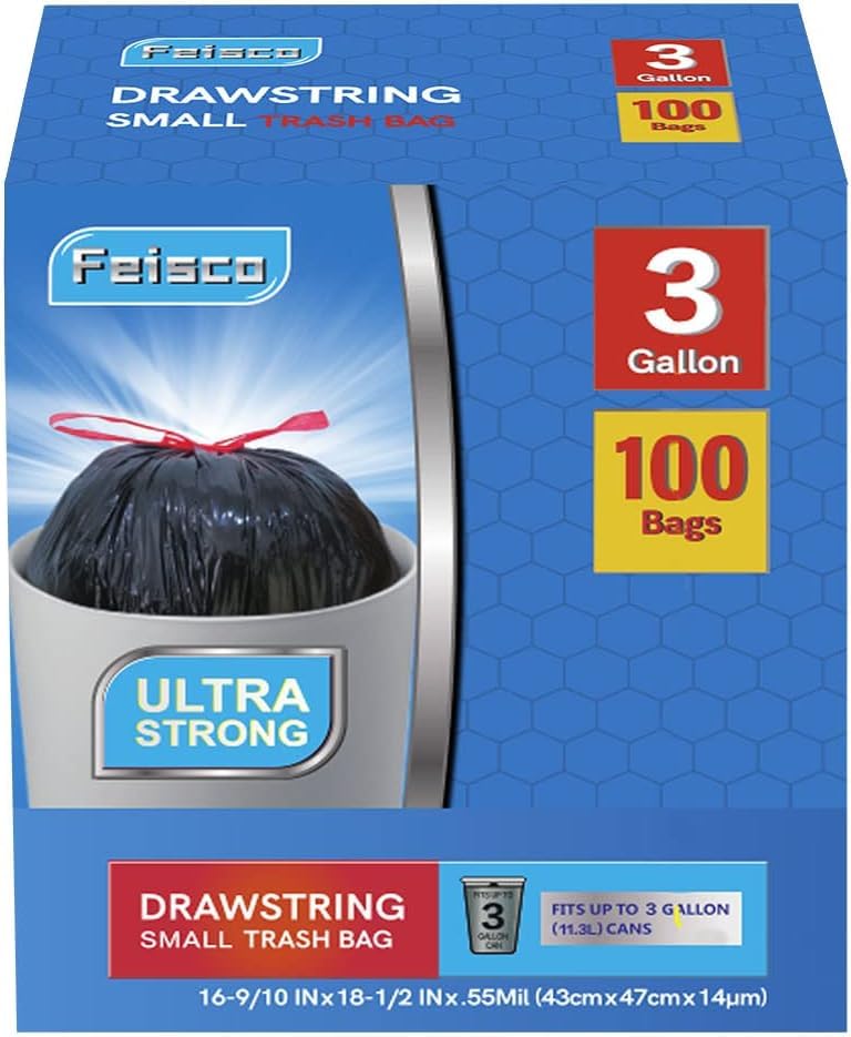 Feisco 3 Gallon Black Trash Bag,11L Drawstring Garbage Bag Trash Can Liner,0.55 Mil,100 Counts